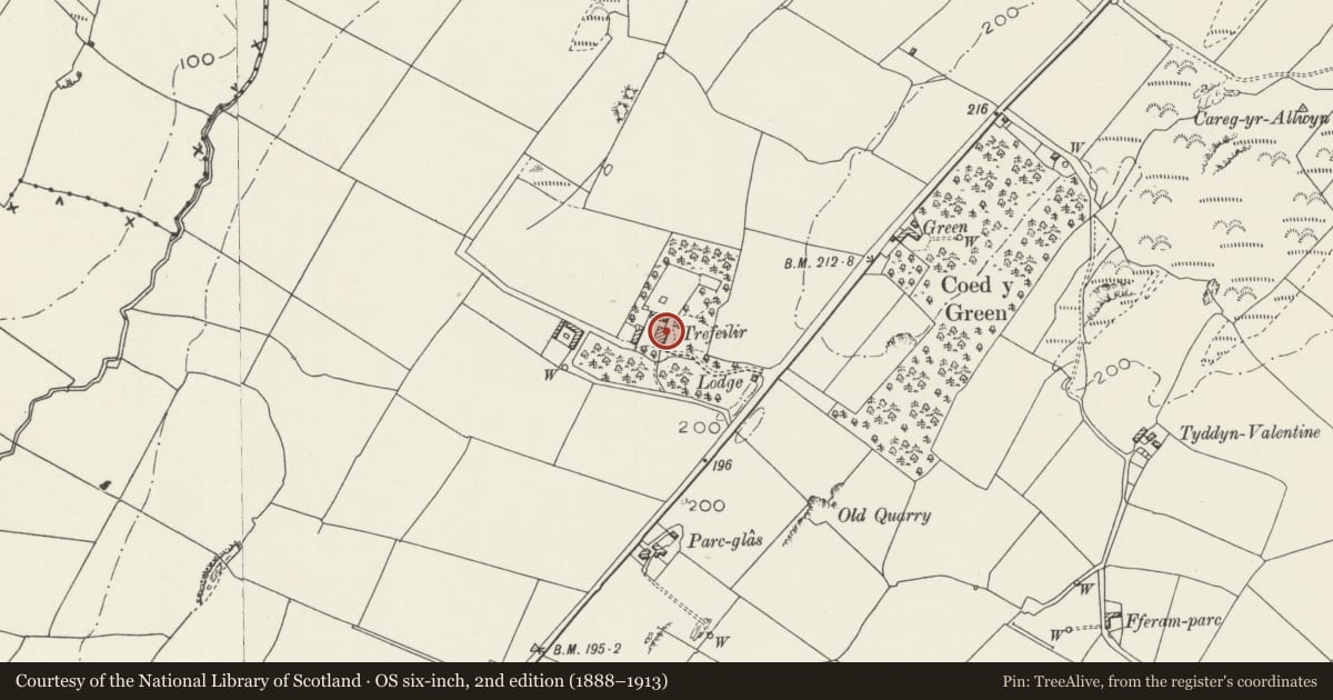 Ordnance Survey six-inch map, 2nd edition (1888–1913) covering the location of Trefeilir, Bodorgan, Isle of Anglesey, with a pin at the register's coordinates