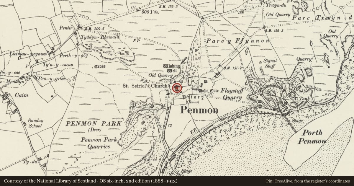 Ordnance Survey six-inch map, 2nd edition (1888–1913) covering the location of Priory House, Llangoed, Isle of Anglesey, with a pin at the register's coordinates