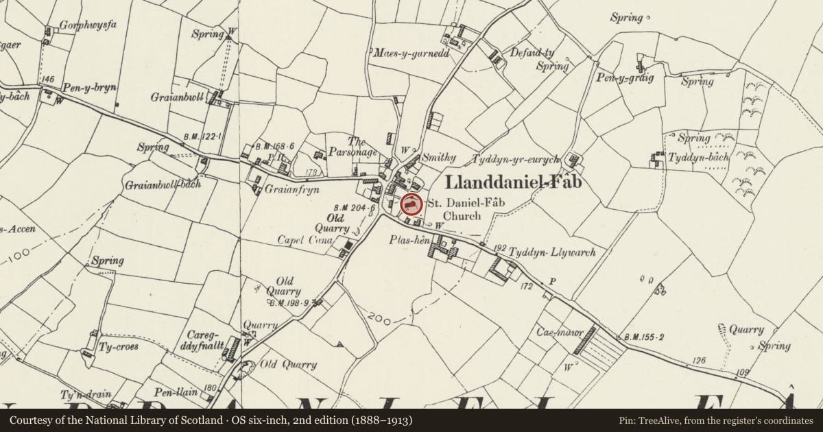 Ordnance Survey six-inch map, 2nd edition (1888–1913) covering the location of Church of St. Deiniol, Llanddaniel Fab, Isle of Anglesey, with a pin at the register's coordinates