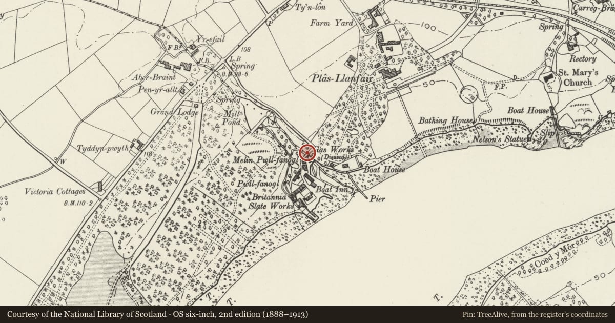 Ordnance Survey six-inch map, 2nd edition (1888–1913) covering the location of Bridge over stream near Melin Pwllfanogl, Llanfair Pwllgwyngyll, Isle of Anglesey, with a pin at the register's coordinates