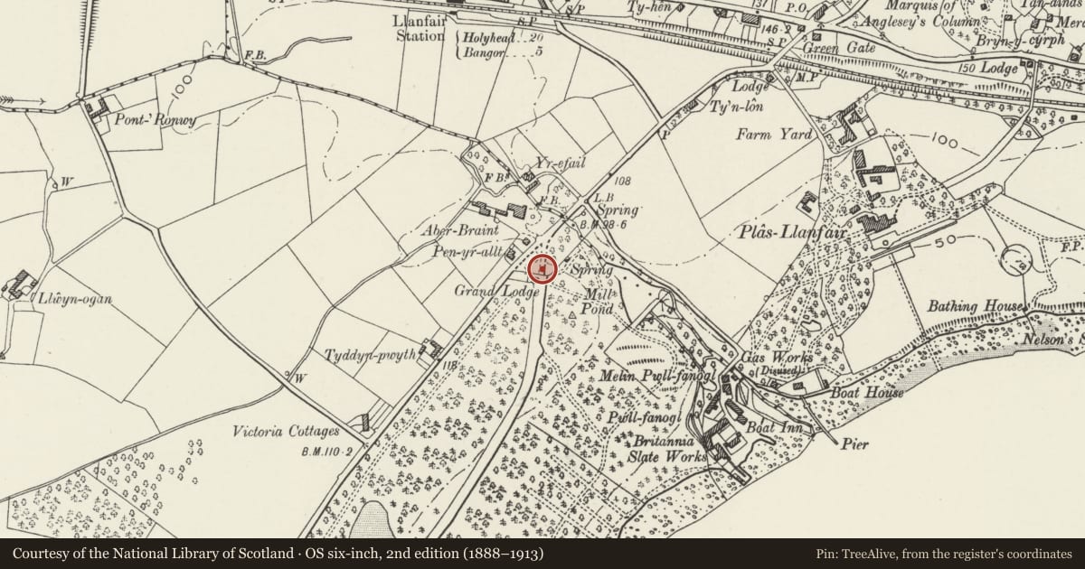 Ordnance Survey six-inch map, 2nd edition (1888–1913) covering the location of Entrance Archways, at Grand Lodge, Plas Newydd, Llanddaniel Fab, Isle of Anglesey, with a pin at the register's coordinates
