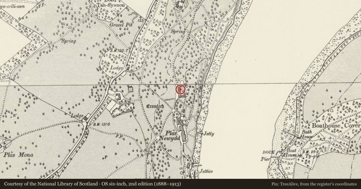 Ordnance Survey six-inch map, 2nd edition (1888–1913) covering the location of Stables of Plas Newydd, Llanddaniel Fab, Isle of Anglesey, with a pin at the register's coordinates