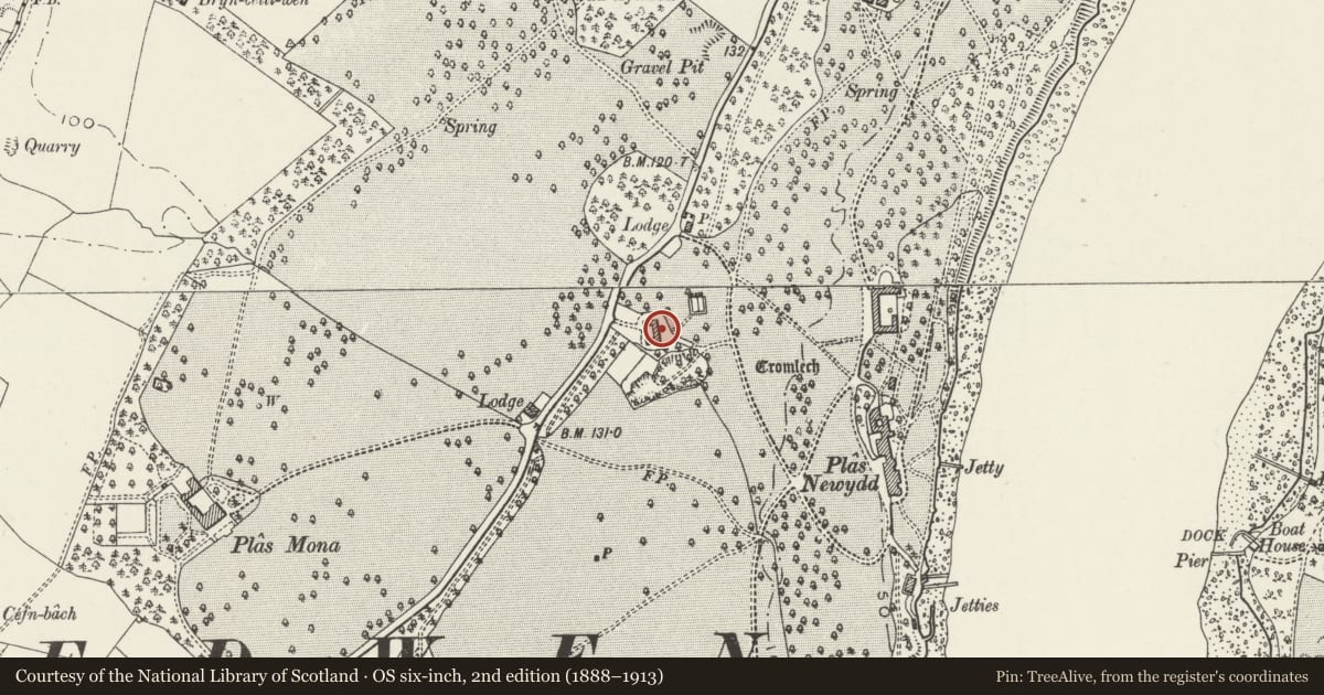 Ordnance Survey six-inch map, 2nd edition (1888–1913) covering the location of Old Dairy of Plas Newydd, Llanddaniel Fab, Isle of Anglesey, with a pin at the register's coordinates