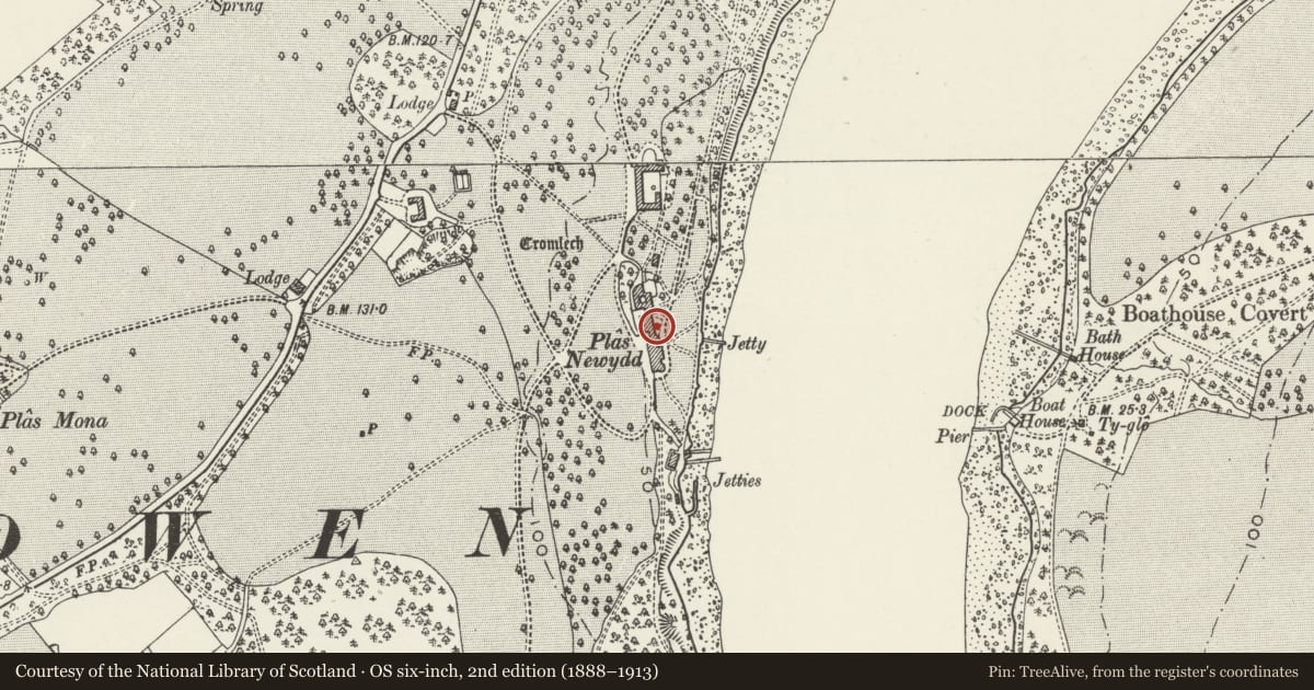 Ordnance Survey six-inch map, 2nd edition (1888–1913) covering the location of Plas Newydd, Llanddaniel Fab, Isle of Anglesey, with a pin at the register's coordinates