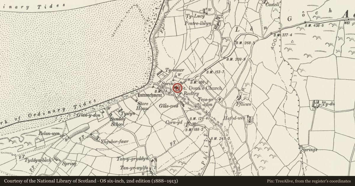 Ordnance Survey six-inch map, 2nd edition (1888–1913) covering the location of Church of St Dona, Llanddona, Isle of Anglesey, with a pin at the register's coordinates