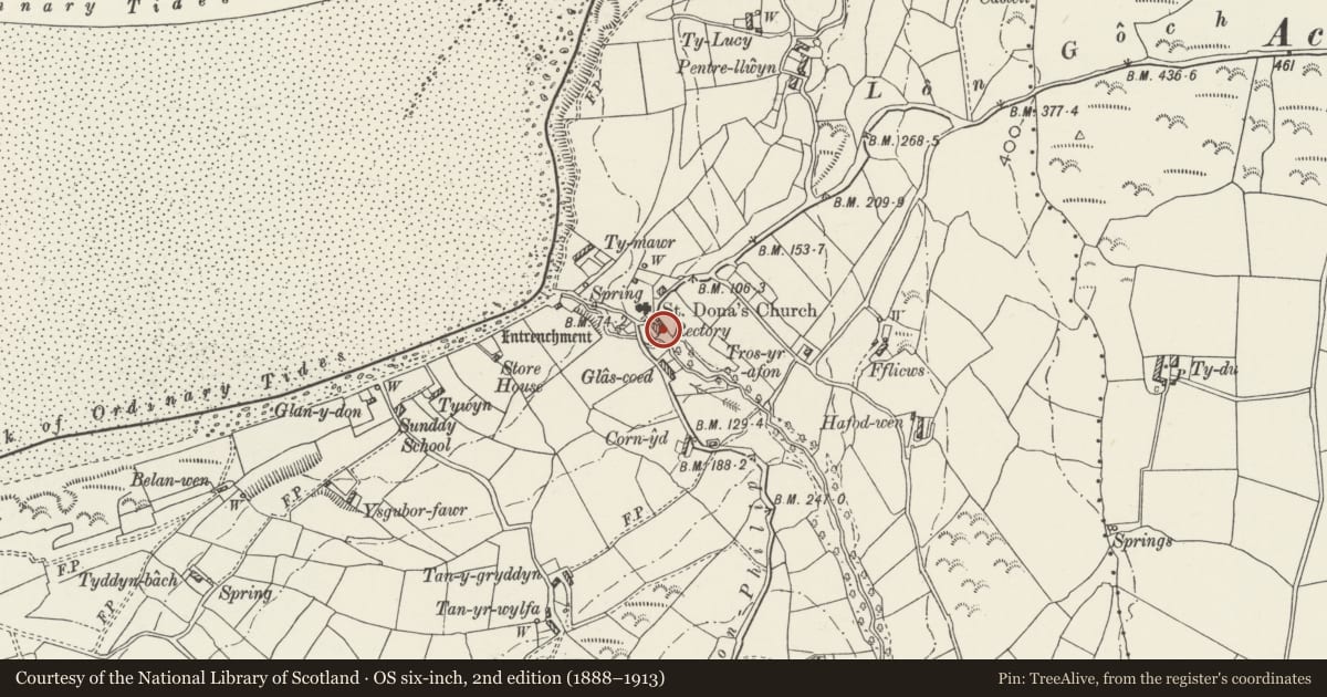Ordnance Survey six-inch map, 2nd edition (1888–1913) covering the location of Rectory, Llanddona, Isle of Anglesey, with a pin at the register's coordinates