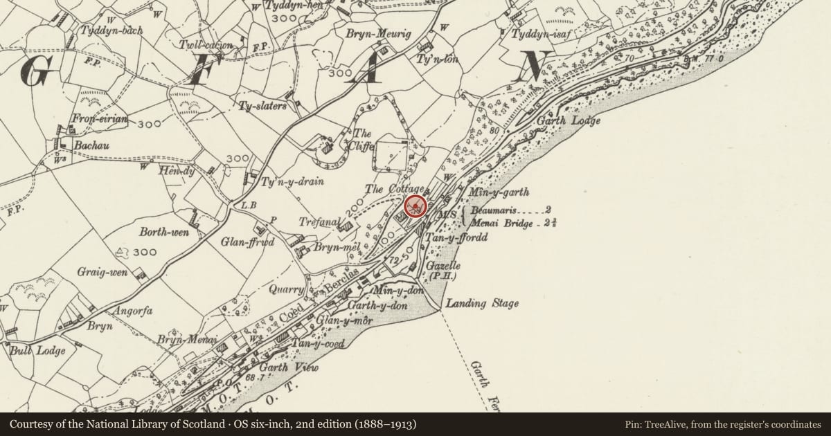 Ordnance Survey six-inch map, 2nd edition (1888–1913) covering the location of Garth Tower, Cwm Cadnant, Isle of Anglesey, with a pin at the register's coordinates