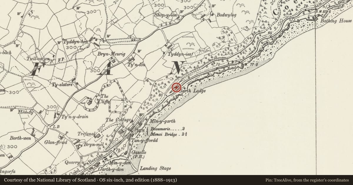Ordnance Survey six-inch map, 2nd edition (1888–1913) covering the location of Garth Lodge, gates and railings, Cwm Cadnant, Isle of Anglesey, with a pin at the register's coordinates