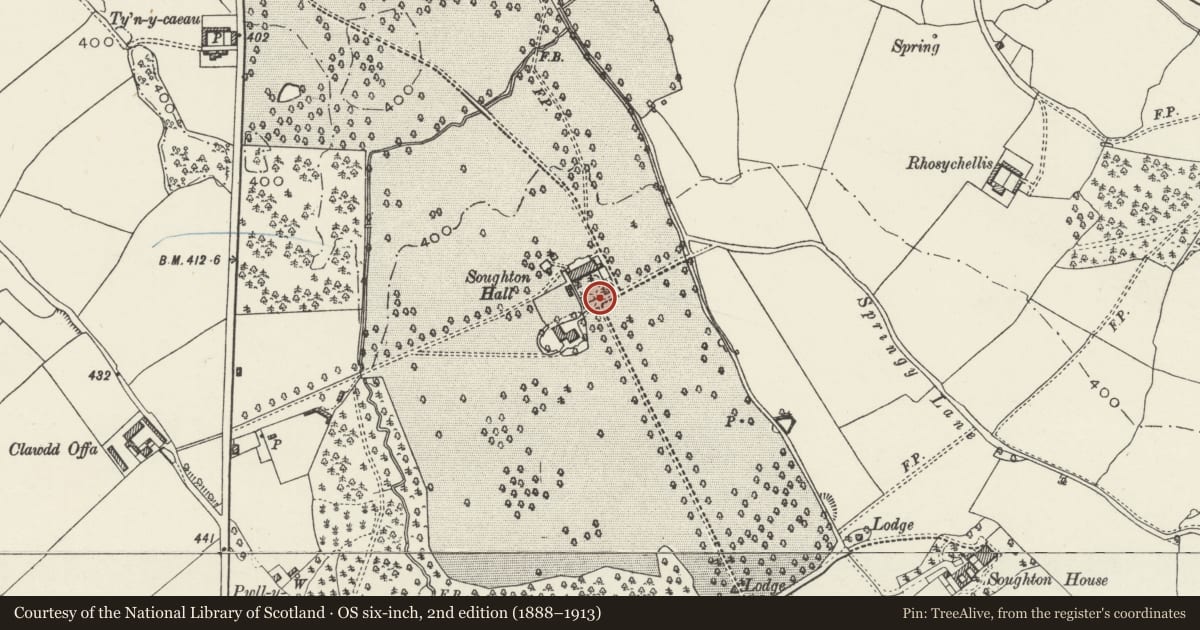 Ordnance Survey six-inch map, 2nd edition (1888–1913) covering the location of Garden Walls, Corner Turrets, Gates and Gate Piers at Soughton Hall, Northop, Flintshire, with a pin at the register's coordinates