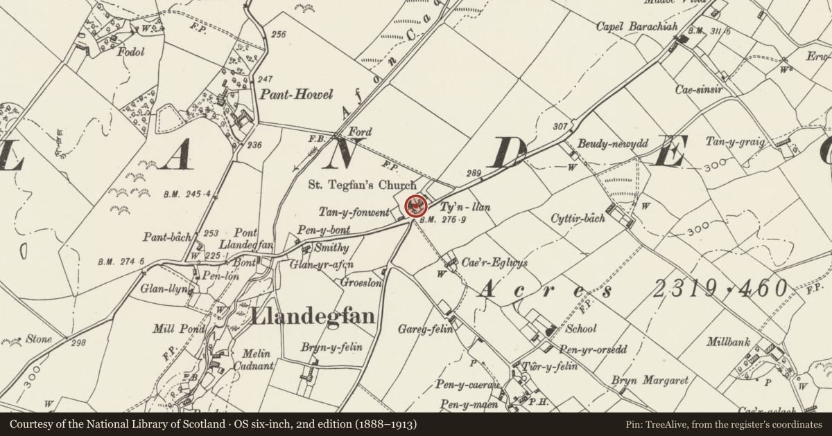Ordnance Survey six-inch map, 2nd edition (1888–1913) covering the location of Church of St Tegfan, Cwm Cadnant, Isle of Anglesey, with a pin at the register's coordinates