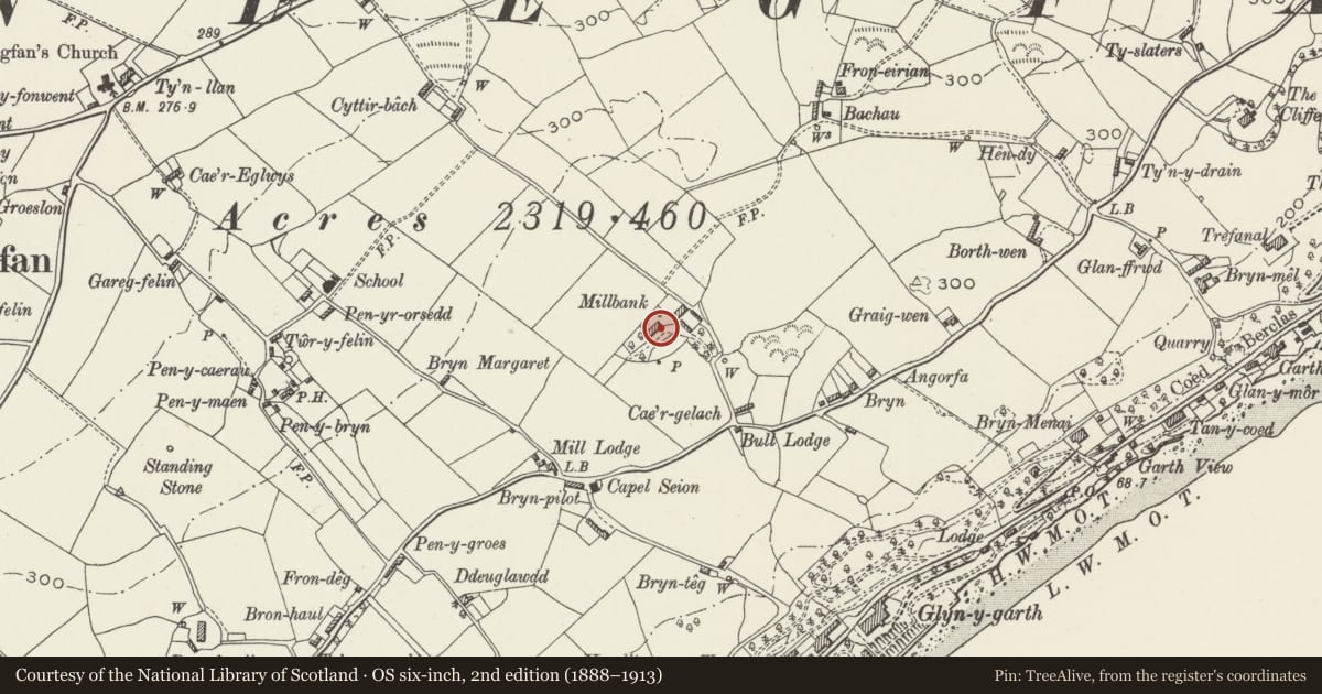 Ordnance Survey six-inch map, 2nd edition (1888–1913) covering the location of Millbank, Cwm Cadnant, Isle of Anglesey, with a pin at the register's coordinates