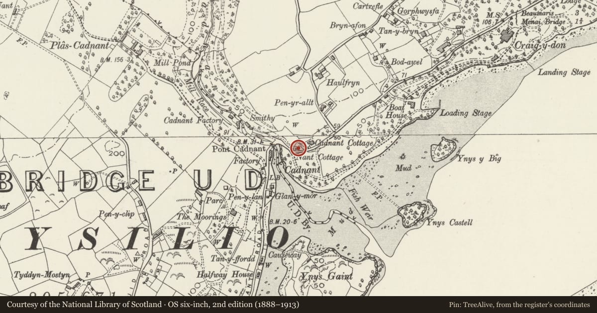 Ordnance Survey six-inch map, 2nd edition (1888–1913) covering the location of Nant Cottage, Cwm Cadnant, Isle of Anglesey, with a pin at the register's coordinates