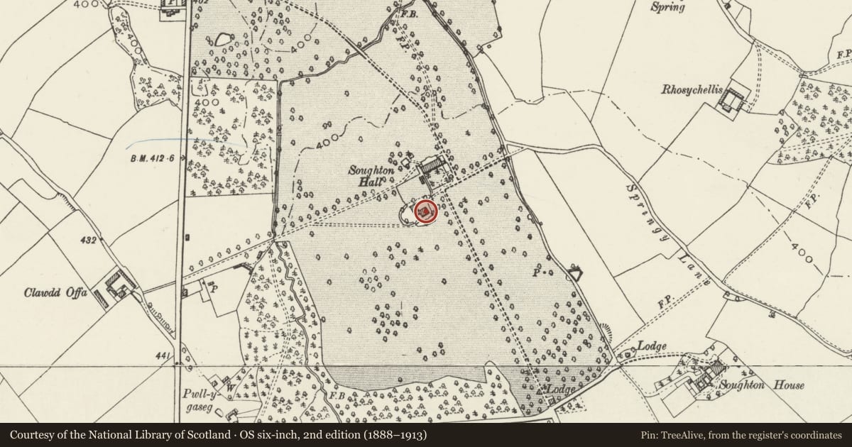 Ordnance Survey six-inch map, 2nd edition (1888–1913) covering the location of Stable Block at Soughton Hall, Northop, Flintshire, with a pin at the register's coordinates