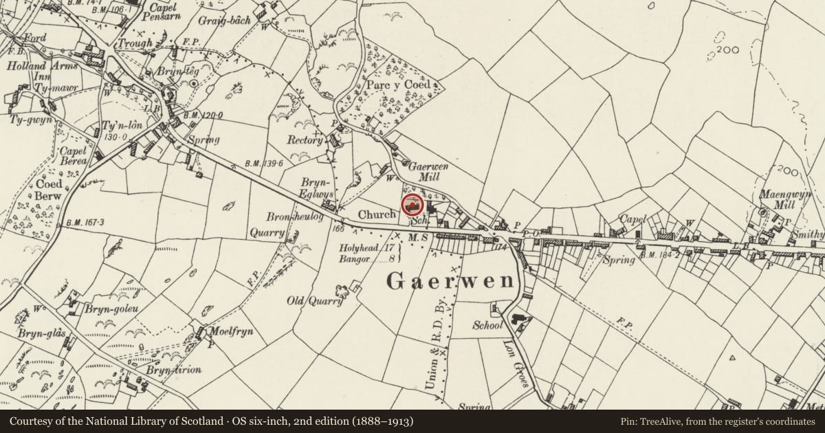 Ordnance Survey six-inch map, 2nd edition (1888–1913) covering the location of Church of St Michael (new church), Llanfihangel Ysgeifiog, Isle of Anglesey, with a pin at the register's coordinates