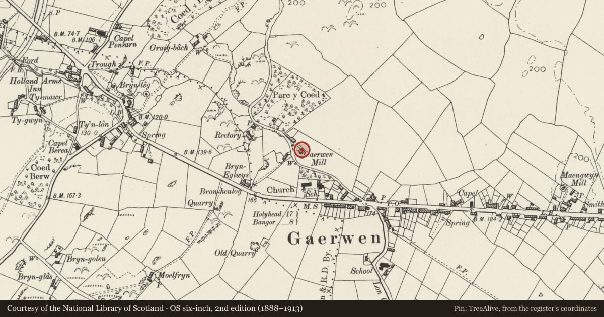Ordnance Survey six-inch map, 2nd edition (1888–1913) covering the location of Melin Sguthan (also known as Union Mill), Llanfihangel Ysgeifiog, Isle of Anglesey, with a pin at the register's coordinates