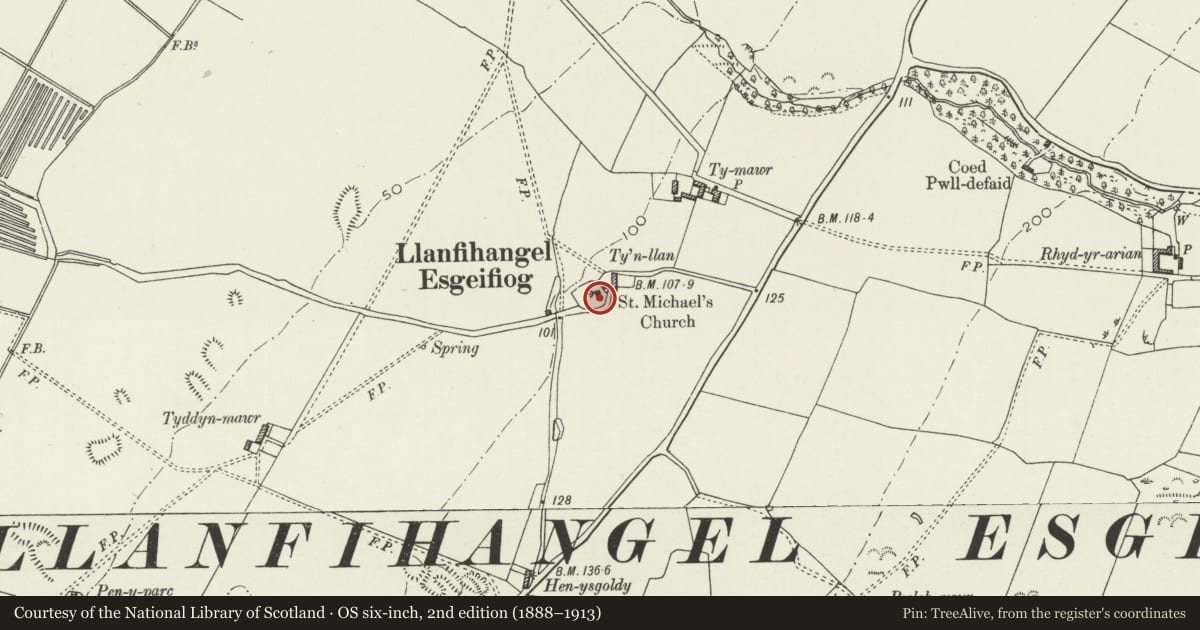Ordnance Survey six-inch map, 2nd edition (1888–1913) covering the location of Church of St Michael (old church), Llanfihangel Ysgeifiog, Isle of Anglesey, with a pin at the register's coordinates