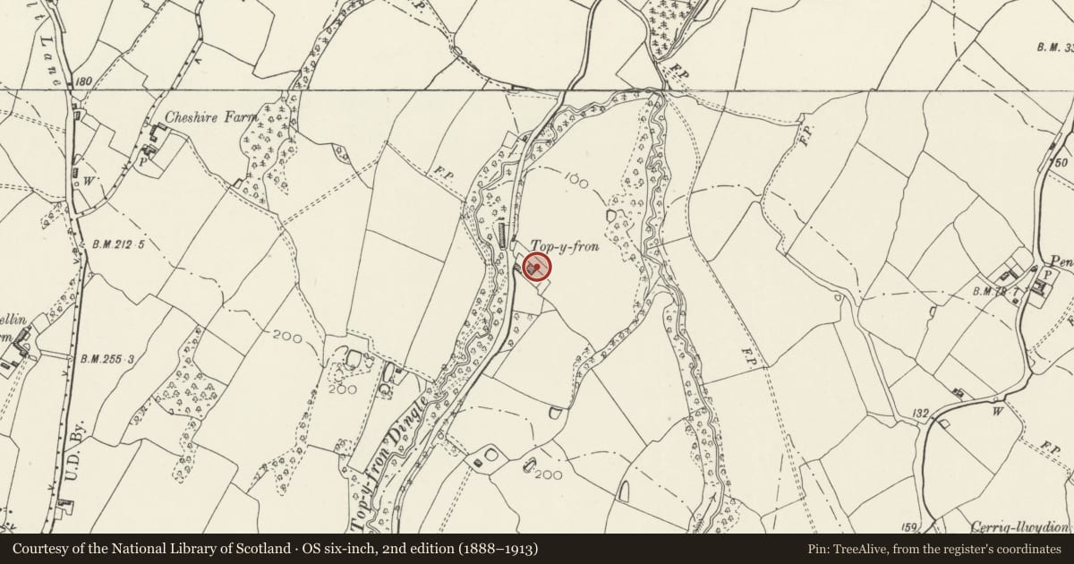 Ordnance Survey six-inch map, 2nd edition (1888–1913) covering the location of Top y Fron Hall, Connah's Quay, Flintshire, with a pin at the register's coordinates