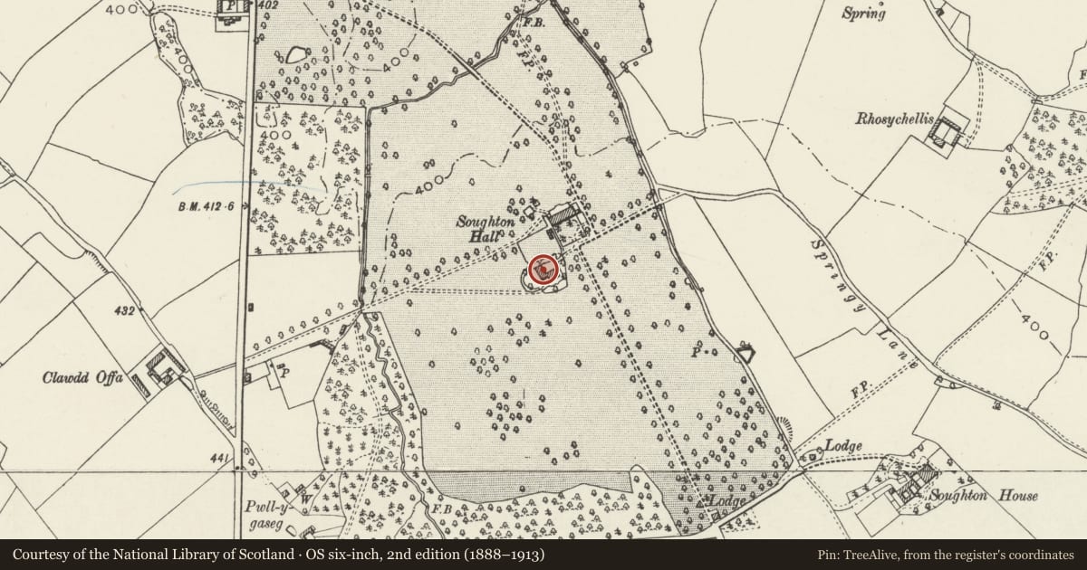 Ordnance Survey six-inch map, 2nd edition (1888–1913) covering the location of Coach-house Range at Soughton Hall, Northop, Flintshire, with a pin at the register's coordinates
