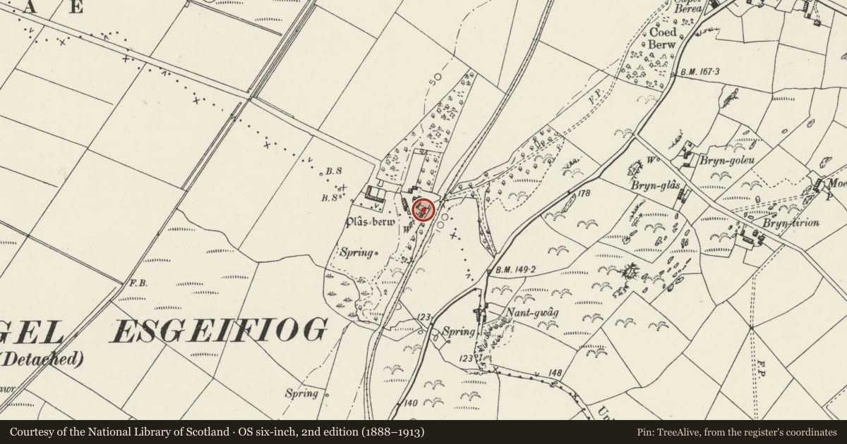Ordnance Survey six-inch map, 2nd edition (1888–1913) covering the location of Remains of former Plas Berw, Llanfihangel Ysgeifiog, Isle of Anglesey, with a pin at the register's coordinates