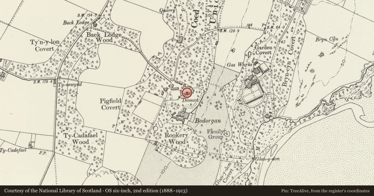 Ordnance Survey six-inch map, 2nd edition (1888–1913) covering the location of Former corn barn and stable range of Bodorgan home farm, Isle of Anglesey, with a pin at the register's coordinates
