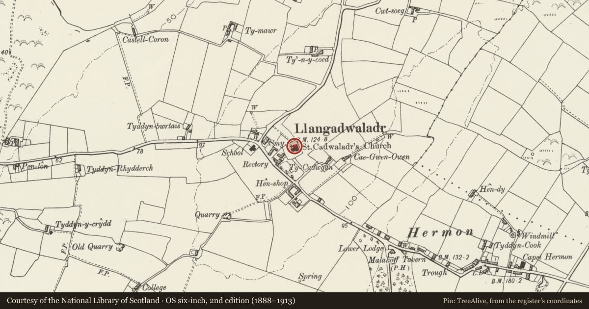 Ordnance Survey six-inch map, 2nd edition (1888–1913) covering the location of Church of St.Cadwaladr, Bodorgan, Isle of Anglesey, with a pin at the register's coordinates