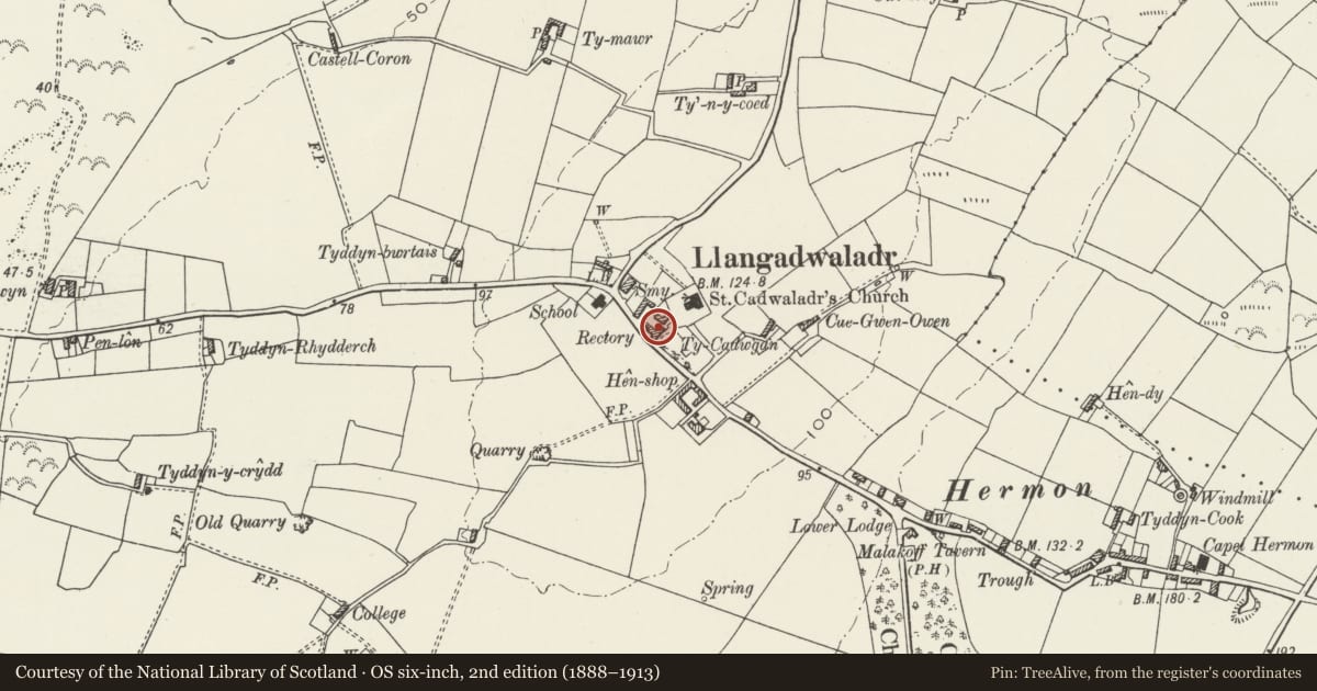 Ordnance Survey six-inch map, 2nd edition (1888–1913) covering the location of Old Rectory, Bodorgan, Isle of Anglesey, with a pin at the register's coordinates