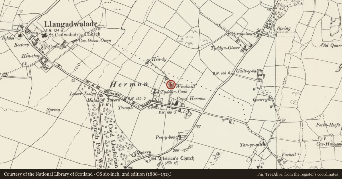 Ordnance Survey six-inch map, 2nd edition (1888–1913) covering the location of Melin Hermon, Bodorgan, Isle of Anglesey, with a pin at the register's coordinates