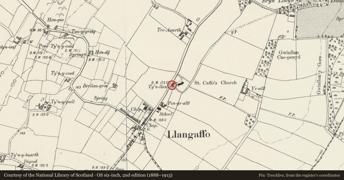 Ordnance Survey six-inch map, 2nd edition (1888–1913) covering the location of Doorway forming entrance to churchyard of Church of St Caffo, Rhosyr, Isle of Anglesey, with a pin at the register's coordinates