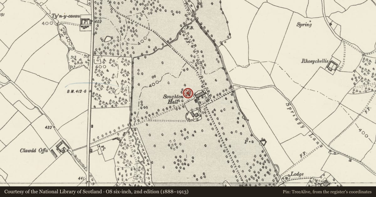 Ordnance Survey six-inch map, 2nd edition (1888–1913) covering the location of Game Larder to W of Soughton Hall, Northop, Flintshire, with a pin at the register's coordinates