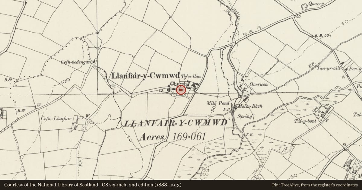 Ordnance Survey six-inch map, 2nd edition (1888–1913) covering the location of Church of St Mary, Llanfair-yn-Cwmwd, Rhosyr, Isle of Anglesey, with a pin at the register's coordinates