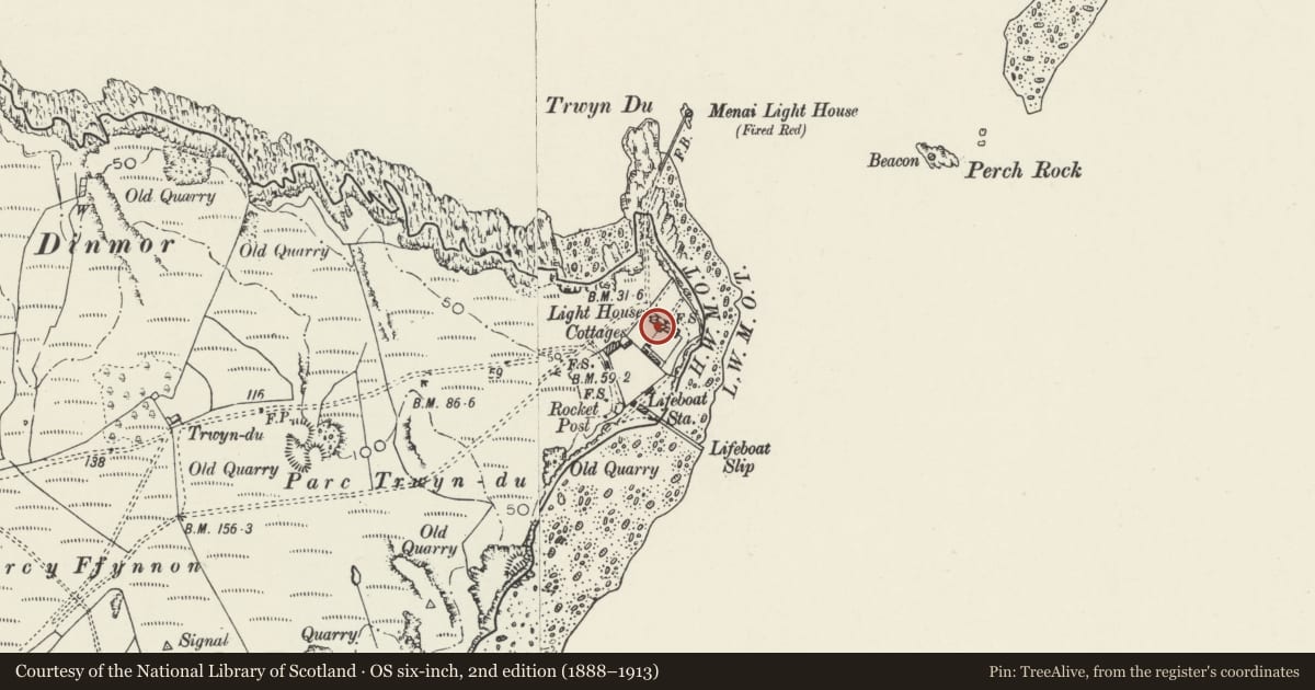 Ordnance Survey six-inch map, 2nd edition (1888–1913) covering the location of Pilot's Cottage (former) No 1, Llangoed, Isle of Anglesey, with a pin at the register's coordinates