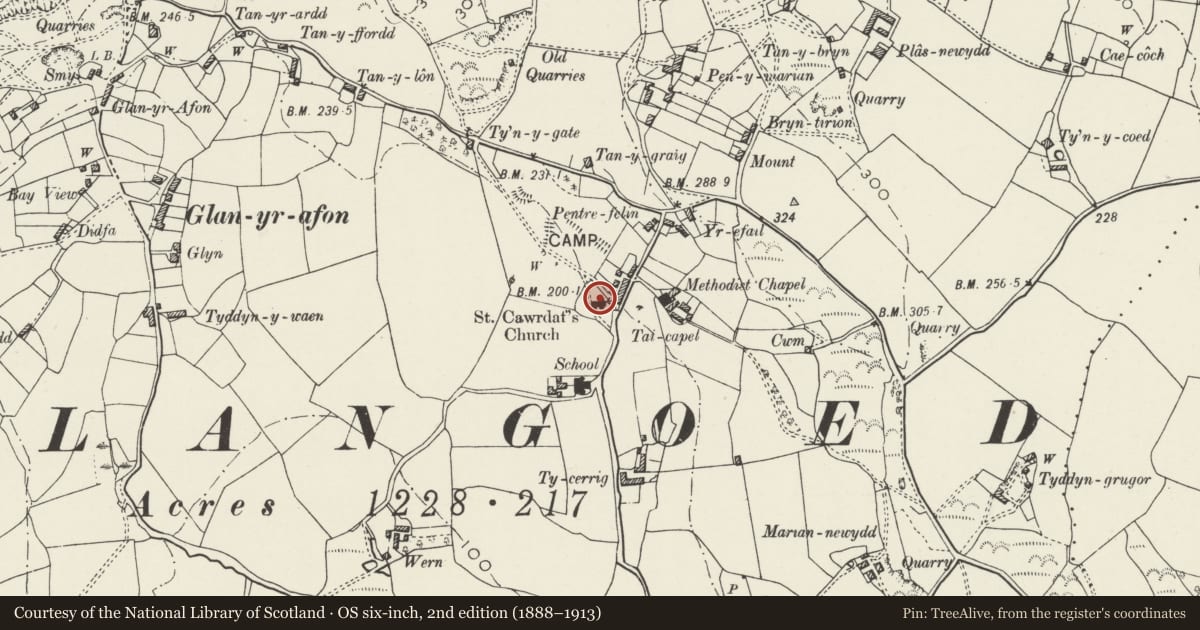 Ordnance Survey six-inch map, 2nd edition (1888–1913) covering the location of Church of St Cawdraf, Llangoed, Isle of Anglesey, with a pin at the register's coordinates