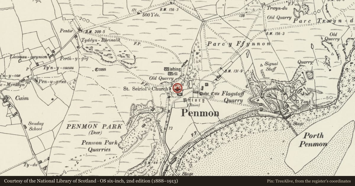Ordnance Survey six-inch map, 2nd edition (1888–1913) covering the location of Priory Church of St Seiriol, Llangoed, Isle of Anglesey, with a pin at the register's coordinates