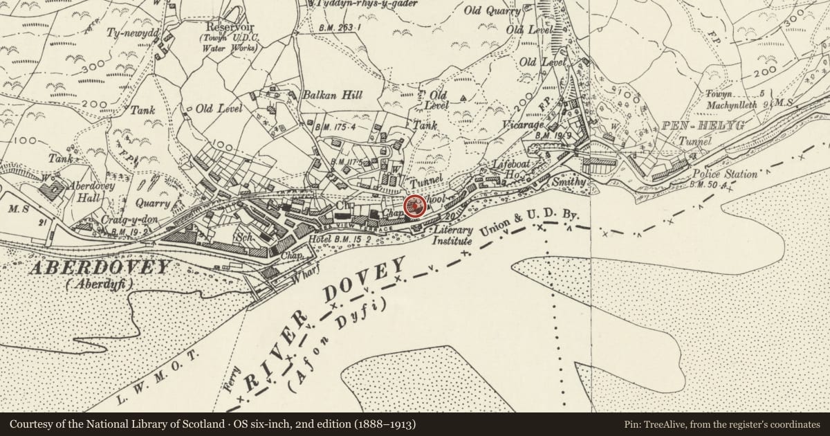 Ordnance Survey six-inch map, 2nd edition (1888–1913) covering the location of Bryhyfryd, Aberdovey, Gwynedd, with a pin at the register's coordinates