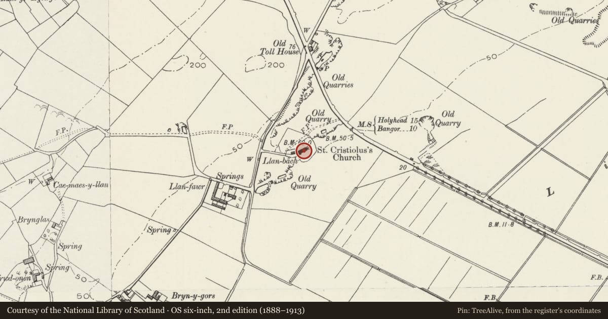 Ordnance Survey six-inch map, 2nd edition (1888–1913) covering the location of Church of St Cristiolus, Llangristiolus, Isle of Anglesey, with a pin at the register's coordinates