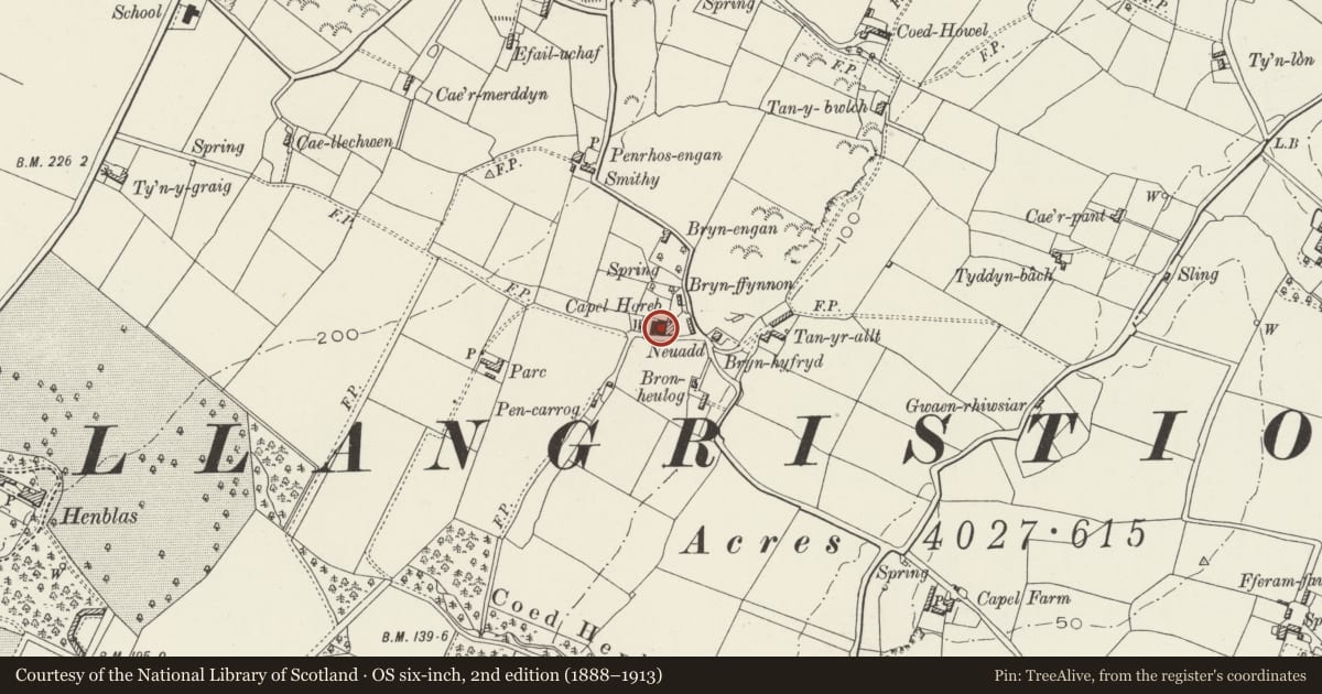 Ordnance Survey six-inch map, 2nd edition (1888–1913) covering the location of Capel Horeb and chapel house, Llangristiolus, Isle of Anglesey, with a pin at the register's coordinates