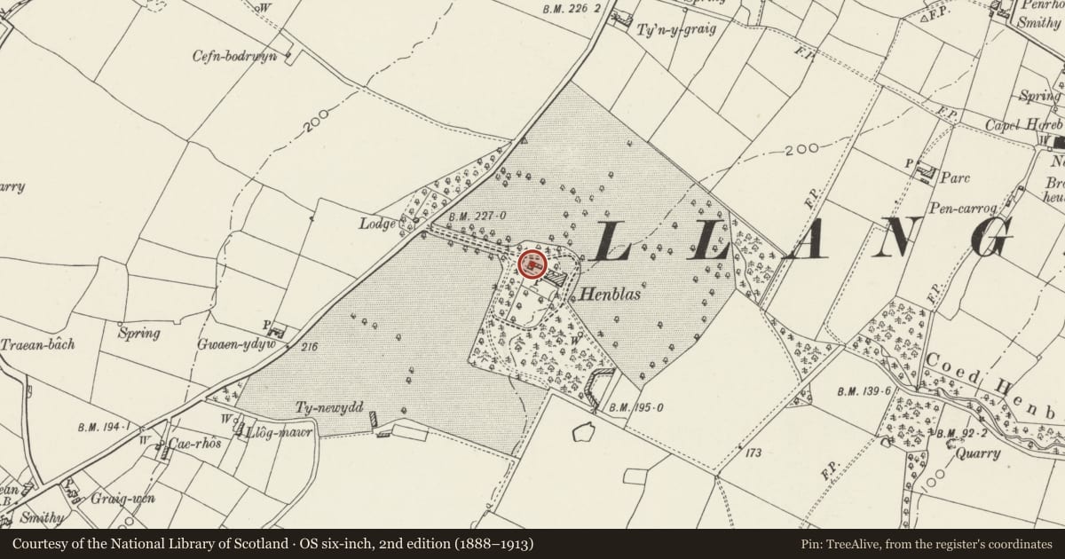 Ordnance Survey six-inch map, 2nd edition (1888–1913) covering the location of Coach House, Llangristiolus, Isle of Anglesey, with a pin at the register's coordinates