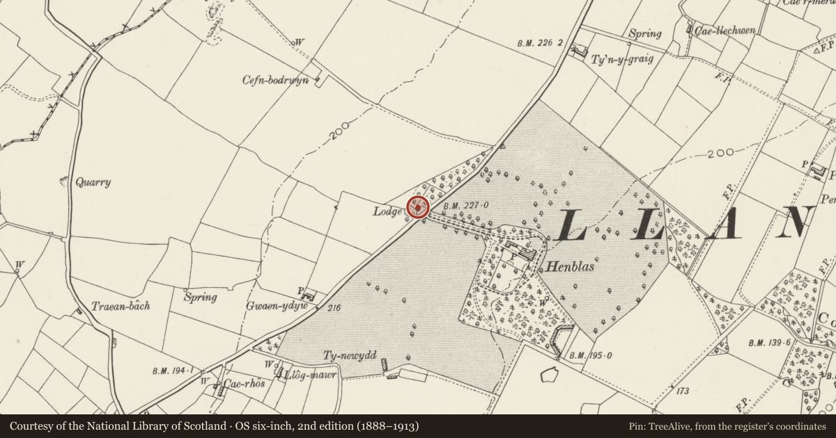 Ordnance Survey six-inch map, 2nd edition (1888–1913) covering the location of Henblas Lodge, Llangristiolus, Isle of Anglesey, with a pin at the register's coordinates