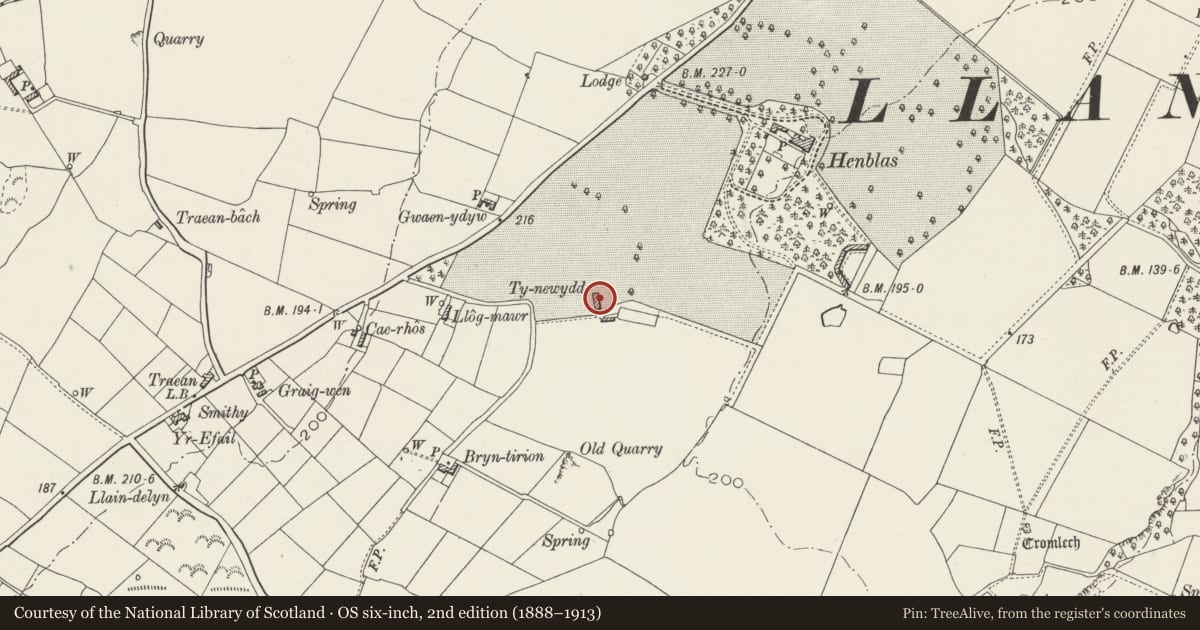 Ordnance Survey six-inch map, 2nd edition (1888–1913) covering the location of Threshing Barn of Henblas, Llangristiolus, Isle of Anglesey, with a pin at the register's coordinates