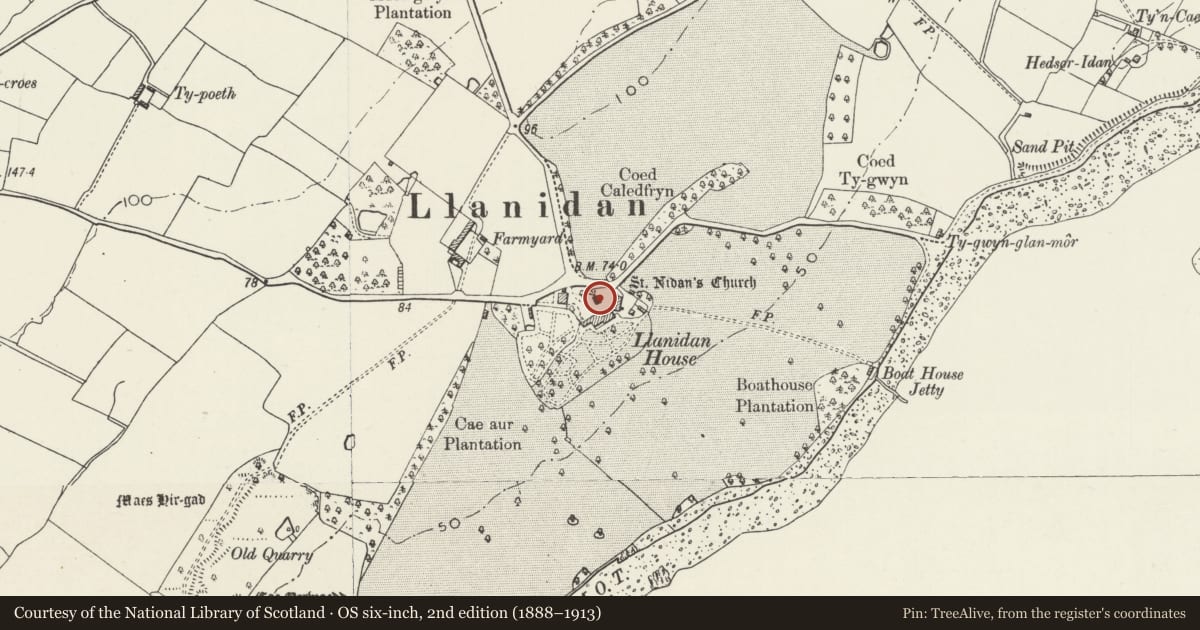 Ordnance Survey six-inch map, 2nd edition (1888–1913) covering the location of St. Nidan's Church (Old Church), Llanidan, Isle of Anglesey, with a pin at the register's coordinates