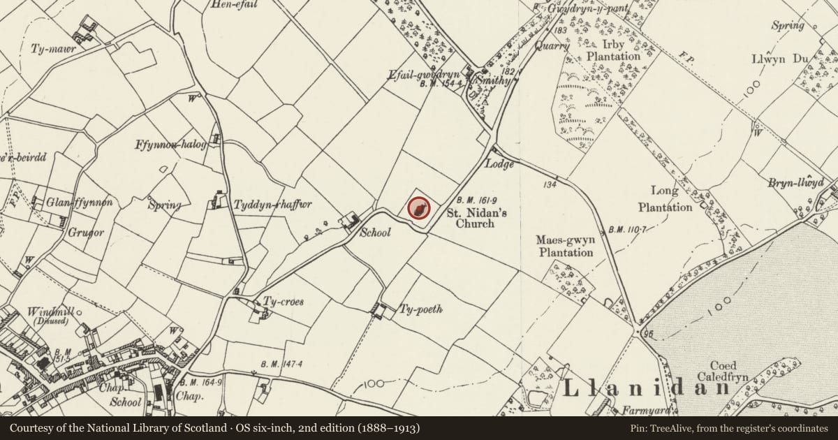 Ordnance Survey six-inch map, 2nd edition (1888–1913) covering the location of Church of St. Nidan (new church), Llanidan, Isle of Anglesey, with a pin at the register's coordinates