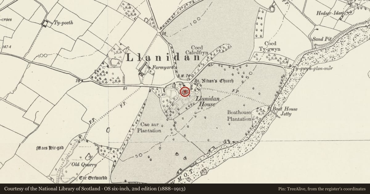 Ordnance Survey six-inch map, 2nd edition (1888–1913) covering the location of Llanidan Hall, Isle of Anglesey, with a pin at the register's coordinates