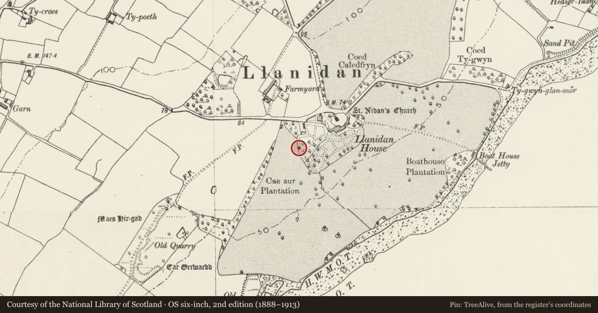 Ordnance Survey six-inch map, 2nd edition (1888–1913) covering the location of Walls of Enclosed Garden to West of Llanidan Hall, Isle of Anglesey, with a pin at the register's coordinates
