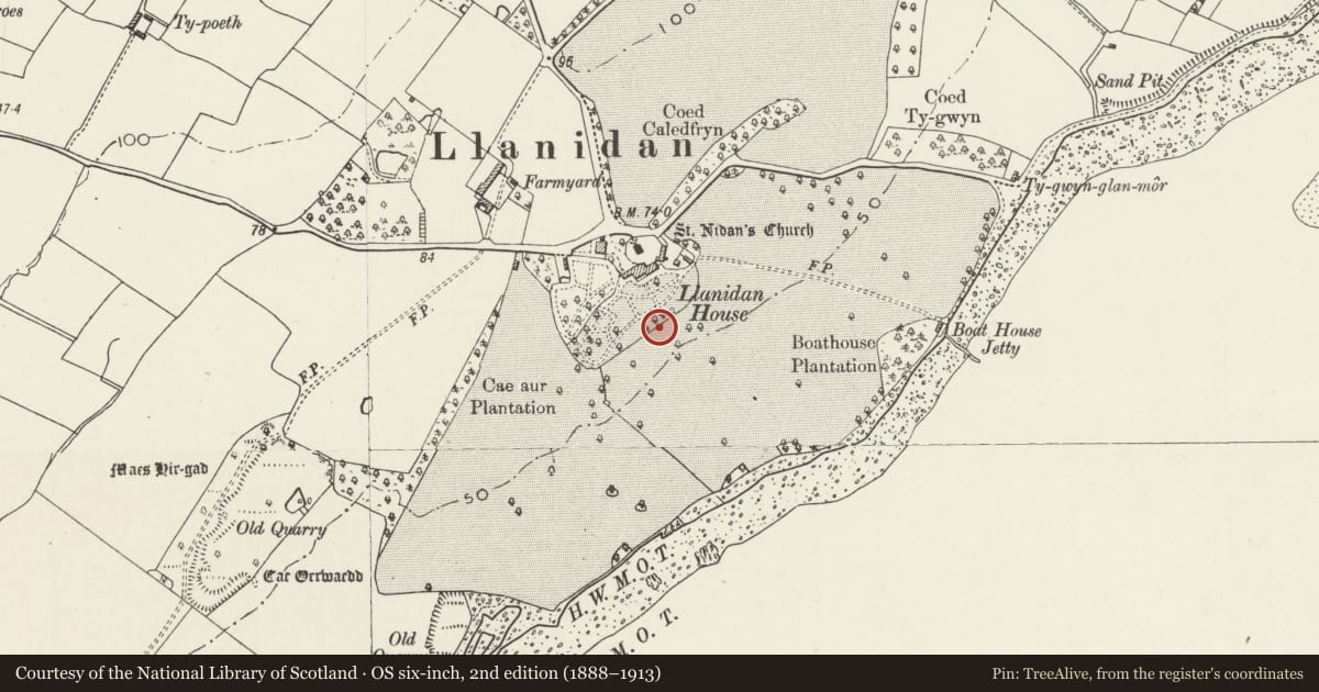 Ordnance Survey six-inch map, 2nd edition (1888–1913) covering the location of Ha-Ha to South of Llanidan House, Isle of Anglesey, with a pin at the register's coordinates