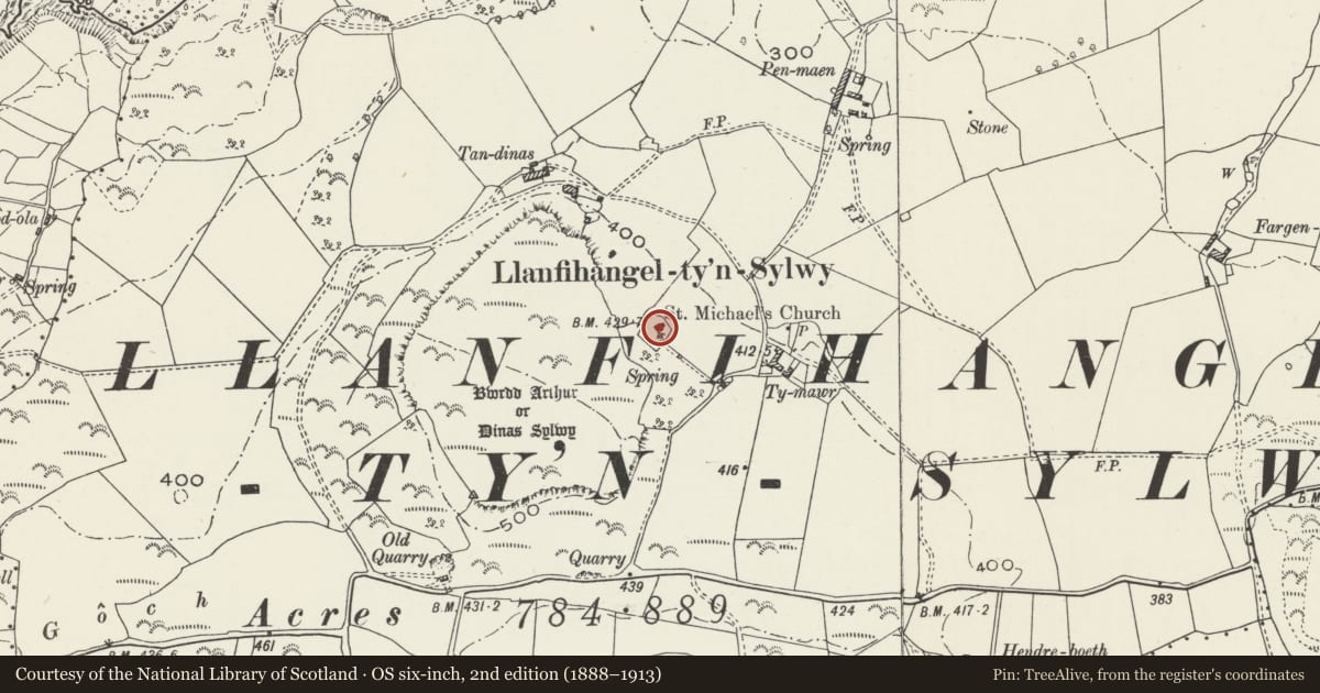 Ordnance Survey six-inch map, 2nd edition (1888–1913) covering the location of Church of St Michael, Llanddona, Isle of Anglesey, with a pin at the register's coordinates