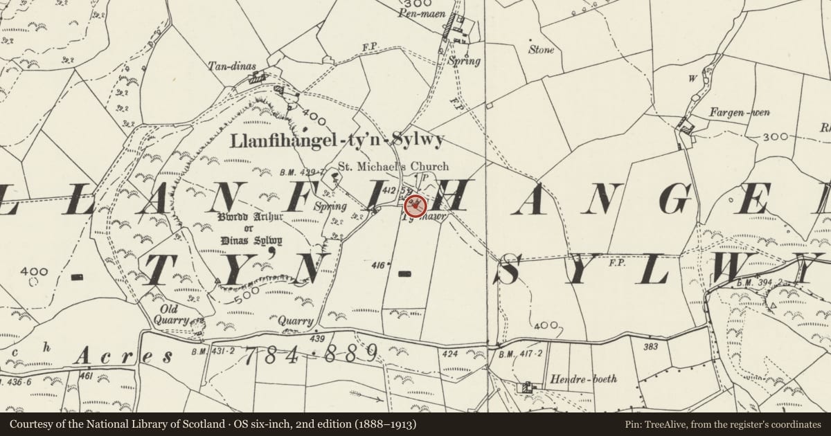 Ordnance Survey six-inch map, 2nd edition (1888–1913) covering the location of Ty Mawr, Llanddona, Isle of Anglesey, with a pin at the register's coordinates