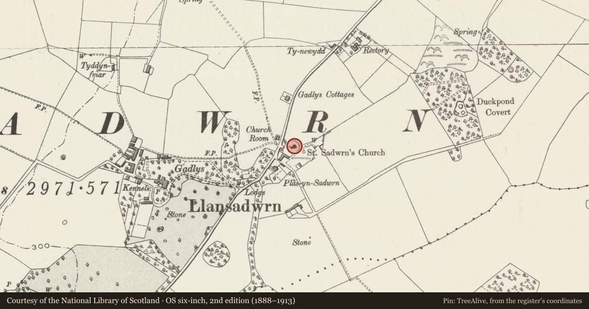 Ordnance Survey six-inch map, 2nd edition (1888–1913) covering the location of Church of St Sadwrn, Cwm Cadnant, Isle of Anglesey, with a pin at the register's coordinates