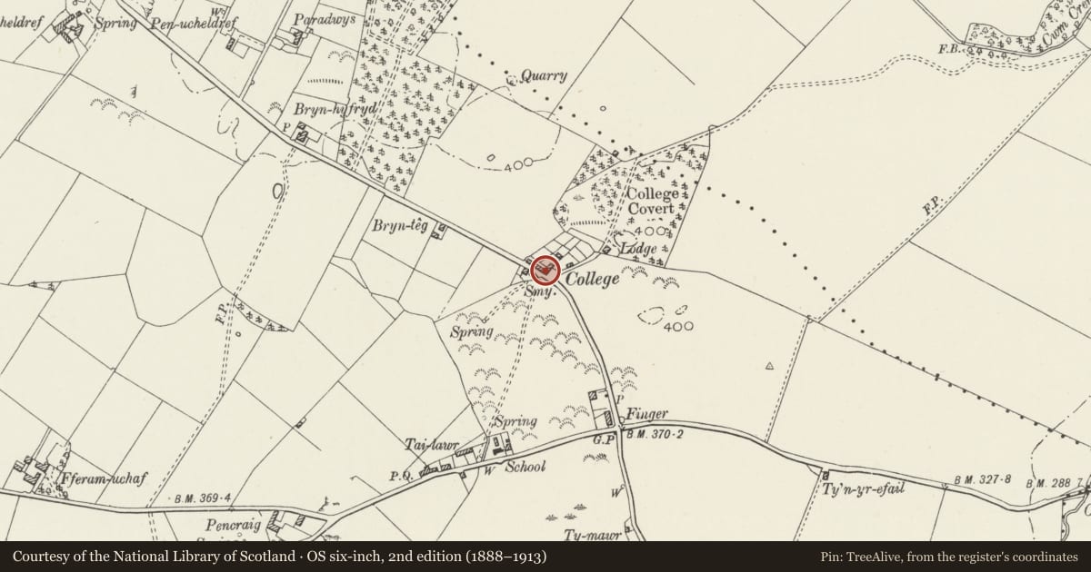 Ordnance Survey six-inch map, 2nd edition (1888–1913) covering the location of College, Cwm Cadnant, Isle of Anglesey, with a pin at the register's coordinates
