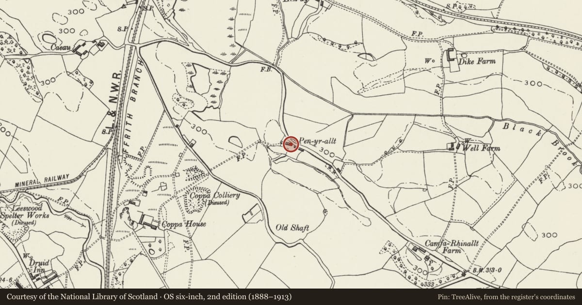Ordnance Survey six-inch map, 2nd edition (1888–1913) covering the location of Pen-yr-Allt Farmhouse and attached byre, Leeswood and Pontblyddyn, Flintshire, with a pin at the register's coordinates