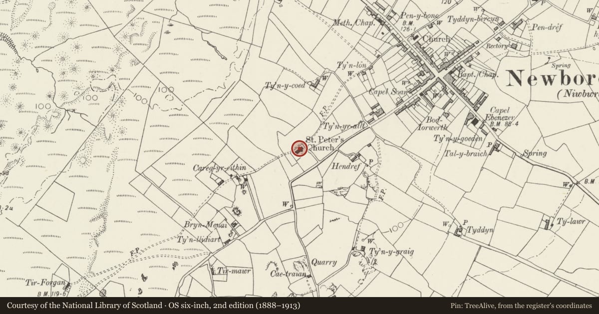Ordnance Survey six-inch map, 2nd edition (1888–1913) covering the location of Church of St Peter, Rhosyr, Isle of Anglesey, with a pin at the register's coordinates